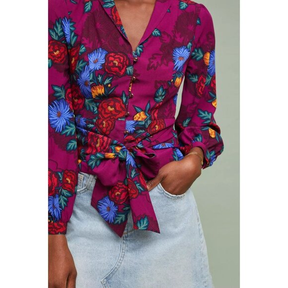 MOULINETTE SOEURS x ANTHROPOLOGIE Maisie Purple Floral Wrap Blouse Top, Size 4 - Picture 3 of 13